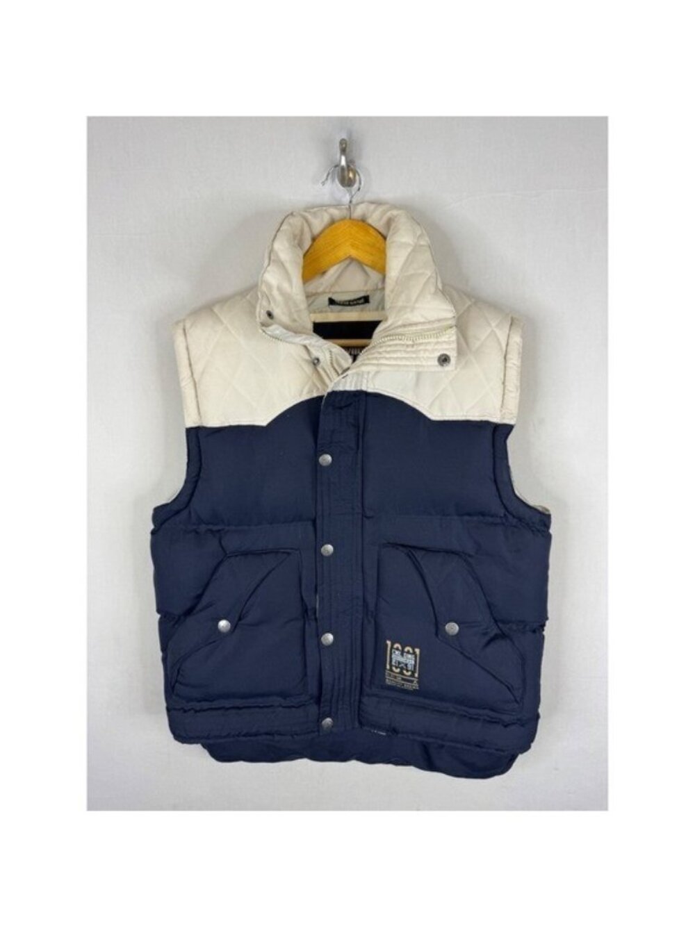 Criminal Damage Mens Puffer Vest Navy Cream Color Block Quilted Large